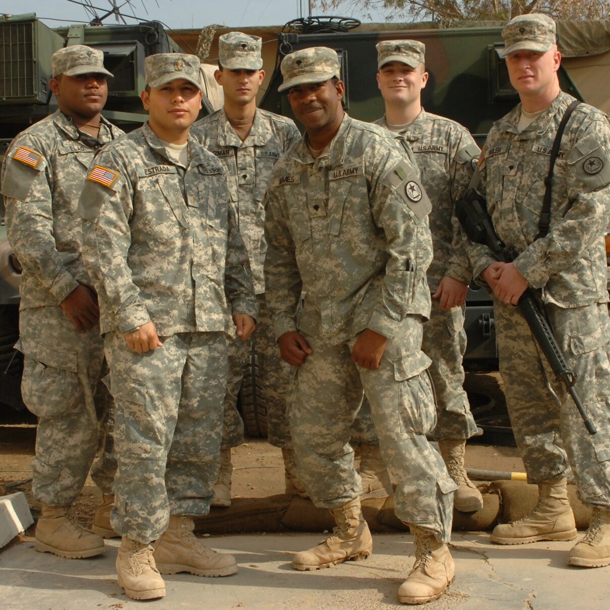 Communications Experts serving in Iraq from the Texas Army National Guard 1st Platoon A Co. 136th Signal Battalion (left to right) Spc. Leon Elad, 2nd Lt. Michael Estrada, Spc. Israel Guzman, Spc. William James, Sgt. Alan Cranfill, Spc. Thomas Sigler